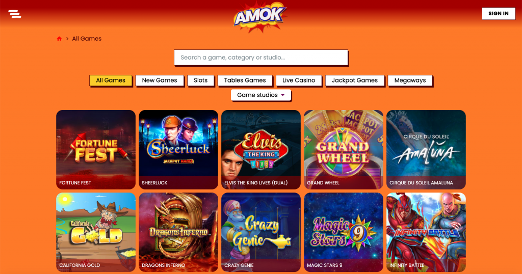 Amok Casino spelutbud