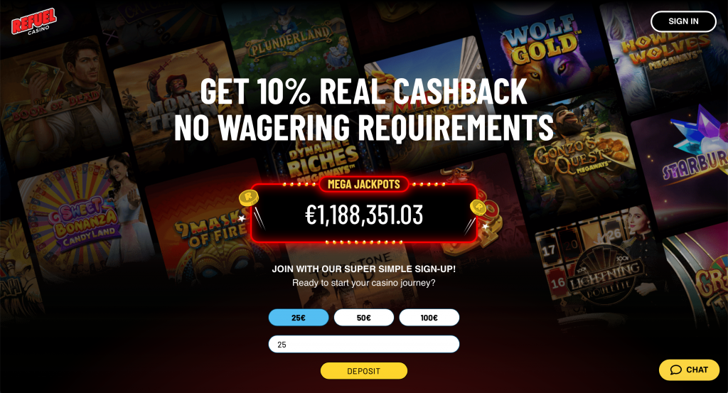 Refuel Casino startsida med bonuserbjudande